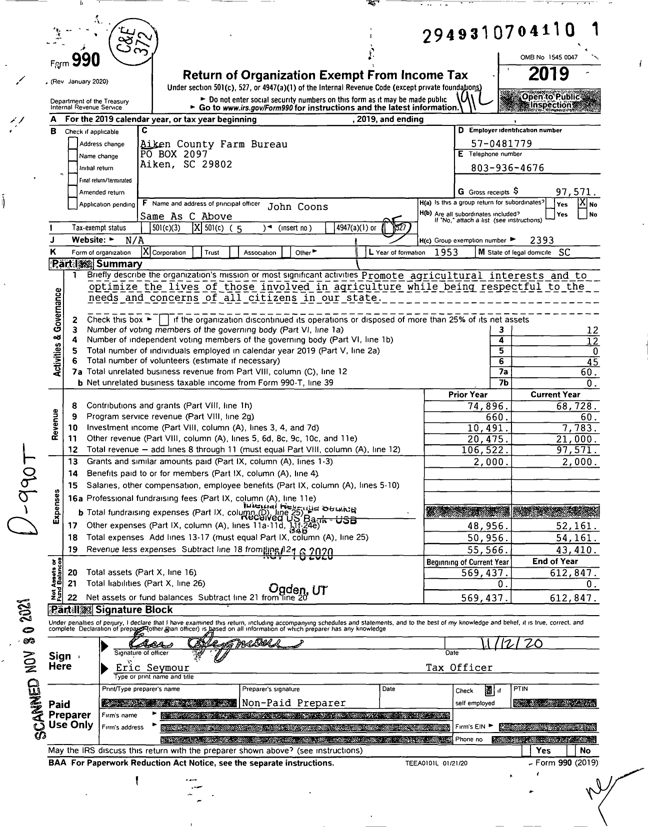 Image of first page of 2019 Form 990O for Aiken County Farm Bureau