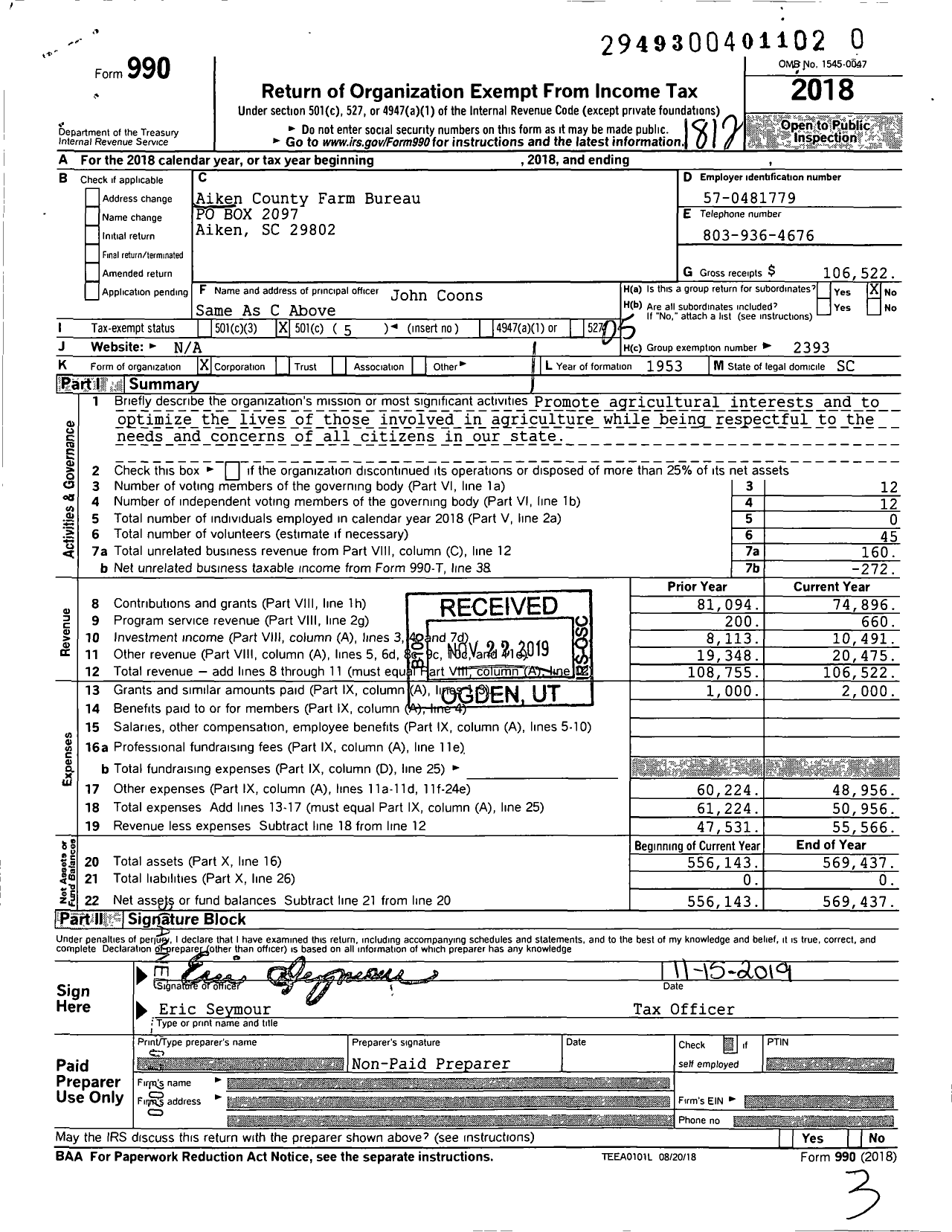 Image of first page of 2018 Form 990O for Aiken County Farm Bureau