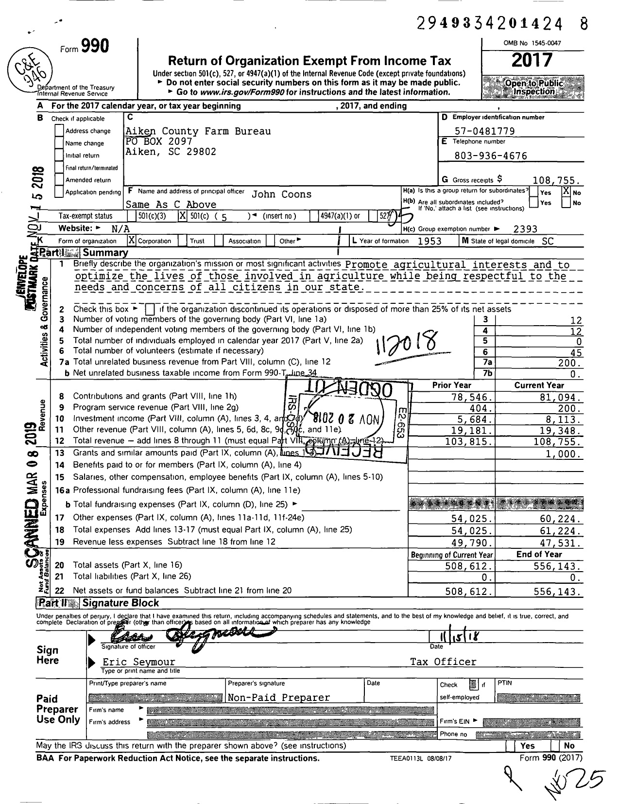 Image of first page of 2017 Form 990O for Aiken County Farm Bureau