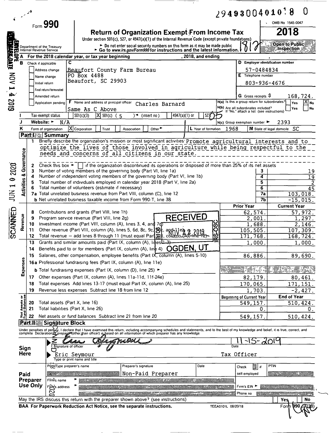 Image of first page of 2018 Form 990O for Beaufort County Farm Bureau