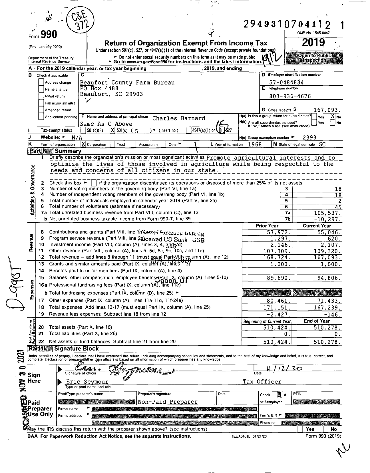 Image of first page of 2019 Form 990O for Beaufort County Farm Bureau