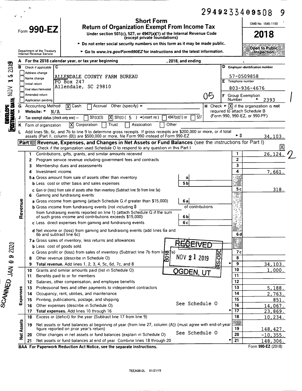 Image of first page of 2018 Form 990EO for Allendale County Farm Bureau