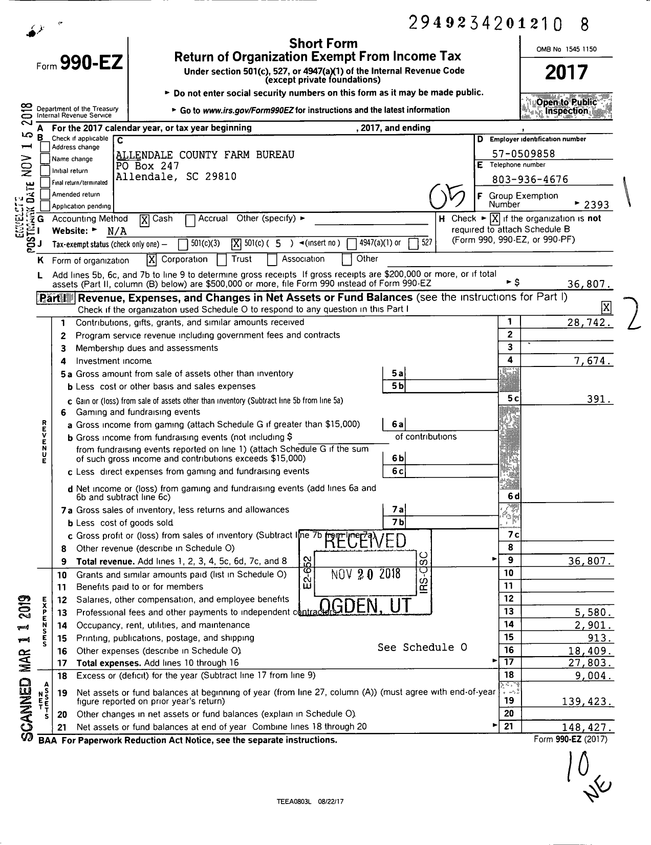 Image of first page of 2017 Form 990EO for Allendale County Farm Bureau