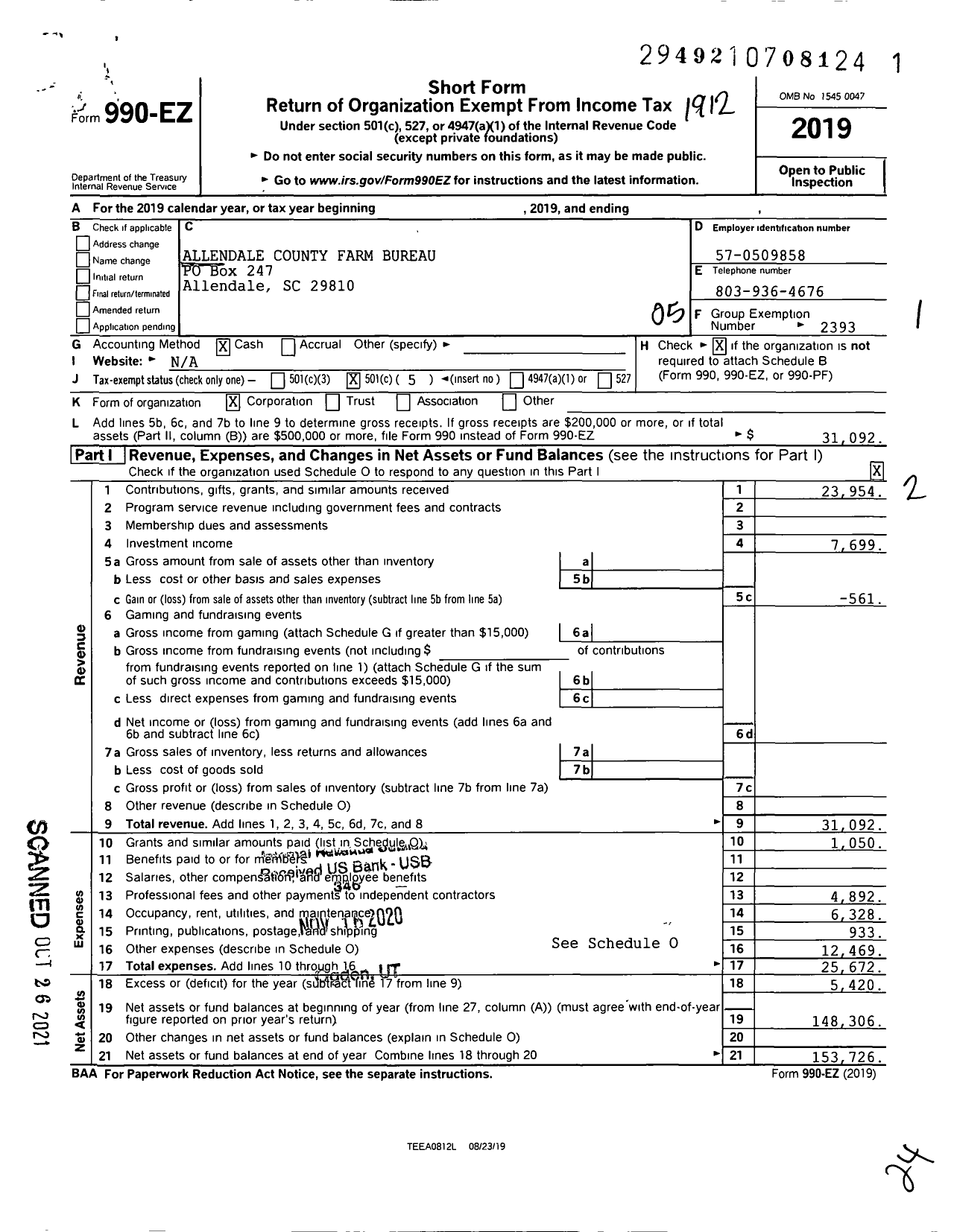 Image of first page of 2019 Form 990EO for Allendale County Farm Bureau