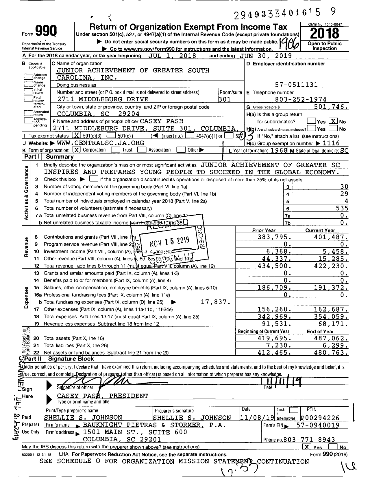 Image of first page of 2018 Form 990 for Junior Achievement of Greater South Carolina