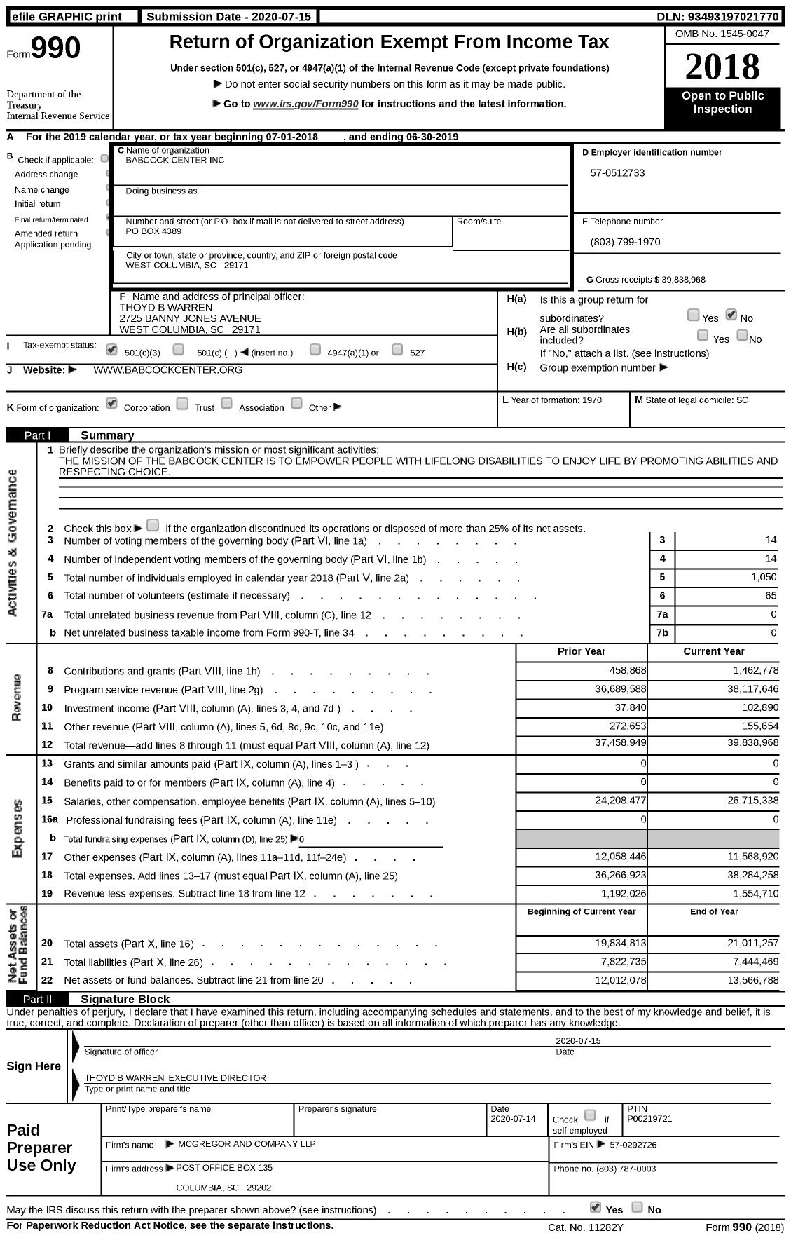 Image of first page of 2018 Form 990 for Babcock Center