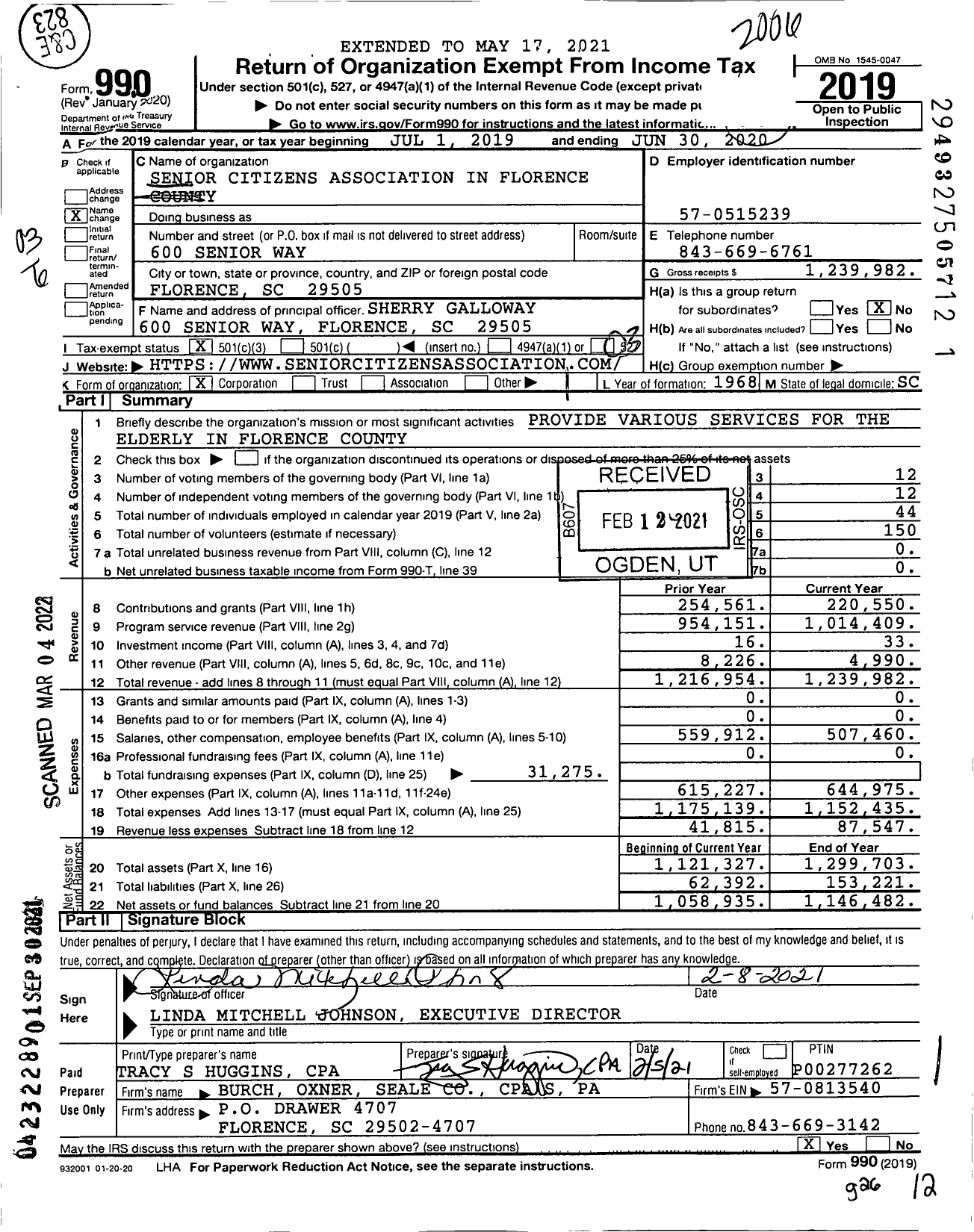 Image of first page of 2019 Form 990 for Senior Citizens Association in Florence County