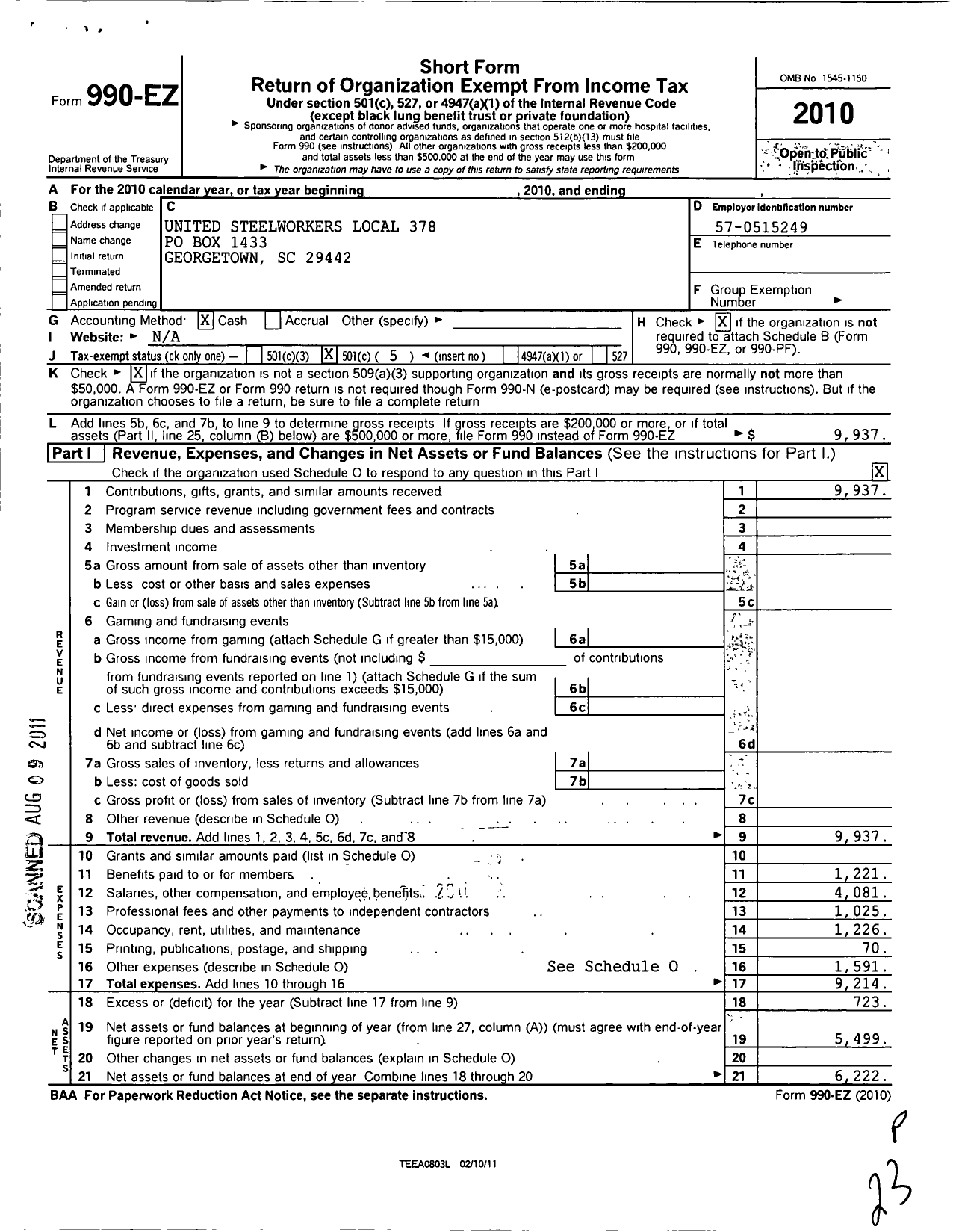 Image of first page of 2010 Form 990EO for United Steelworkers - 378 Local