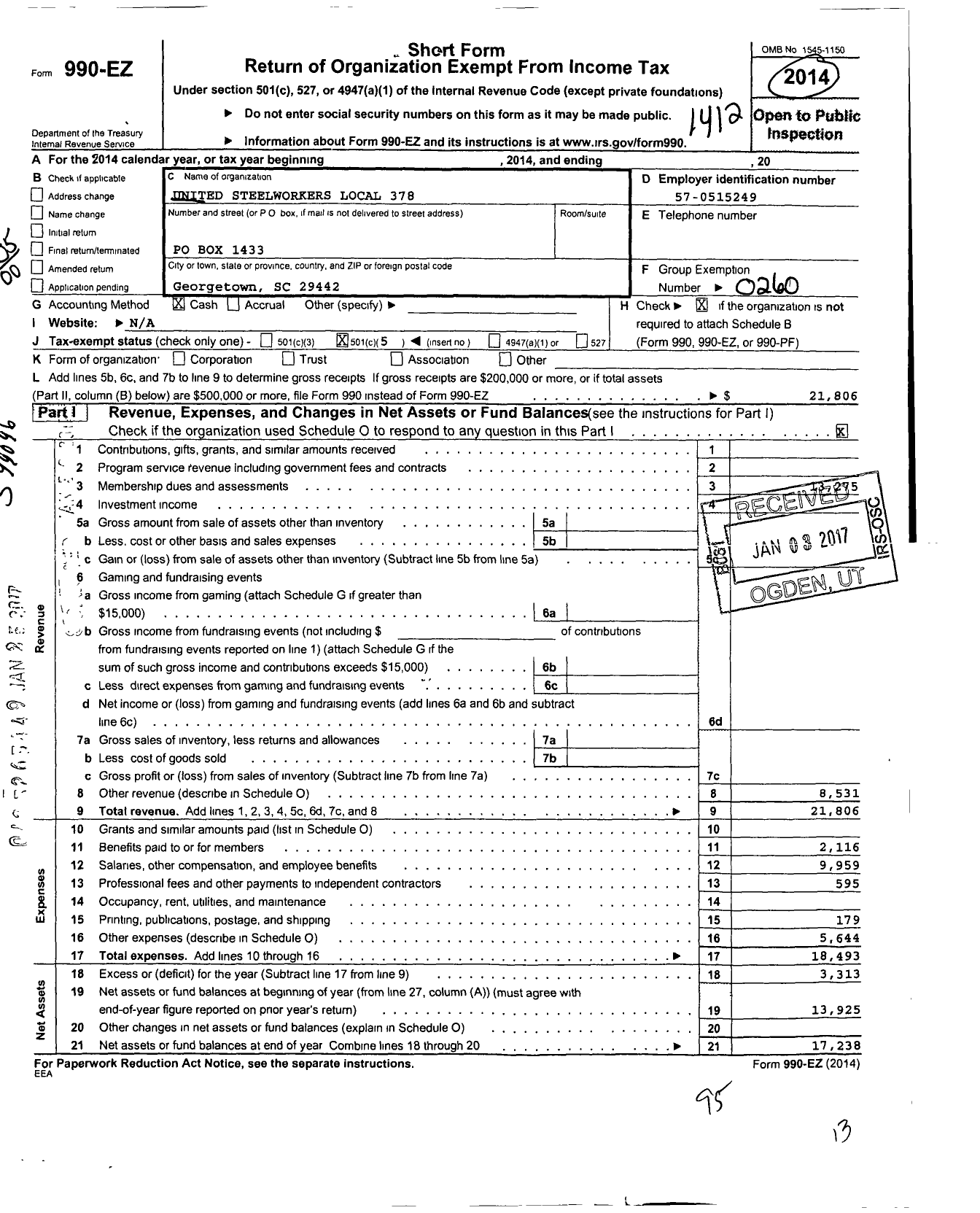 Image of first page of 2014 Form 990EO for United Steelworkers - 378 Local