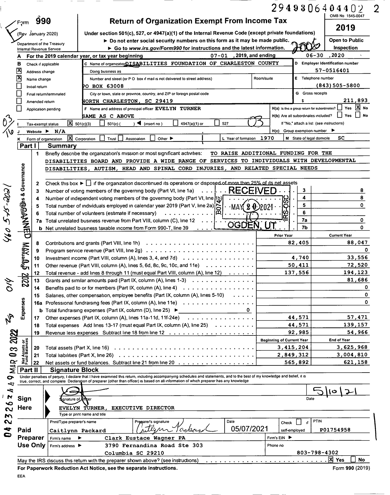 Image of first page of 2019 Form 990 for Disabilities Foundation of Charleston County