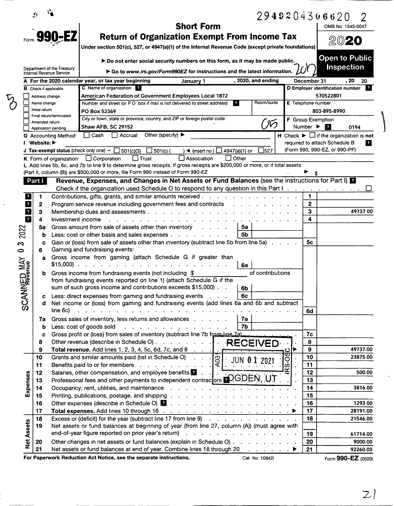 Image of first page of 2020 Form 990EO for AMERICAN FEDERATION OF GOVERNMENT EMPLOYEES - 1872 Afge Aafes Local