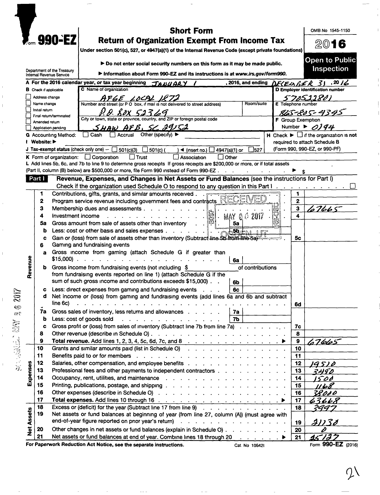 Image of first page of 2016 Form 990EO for American Federation of Government Employees (1872 Afge Aafes Local)