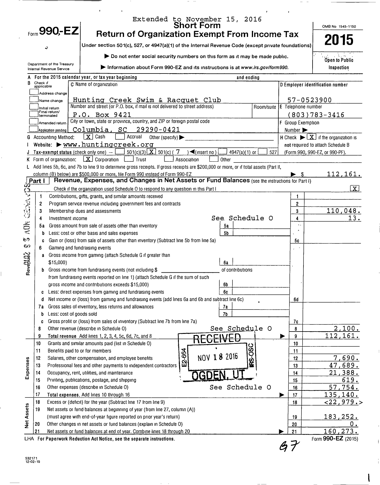 Image of first page of 2015 Form 990EO for Hunting Creek Swim and Racquet Club