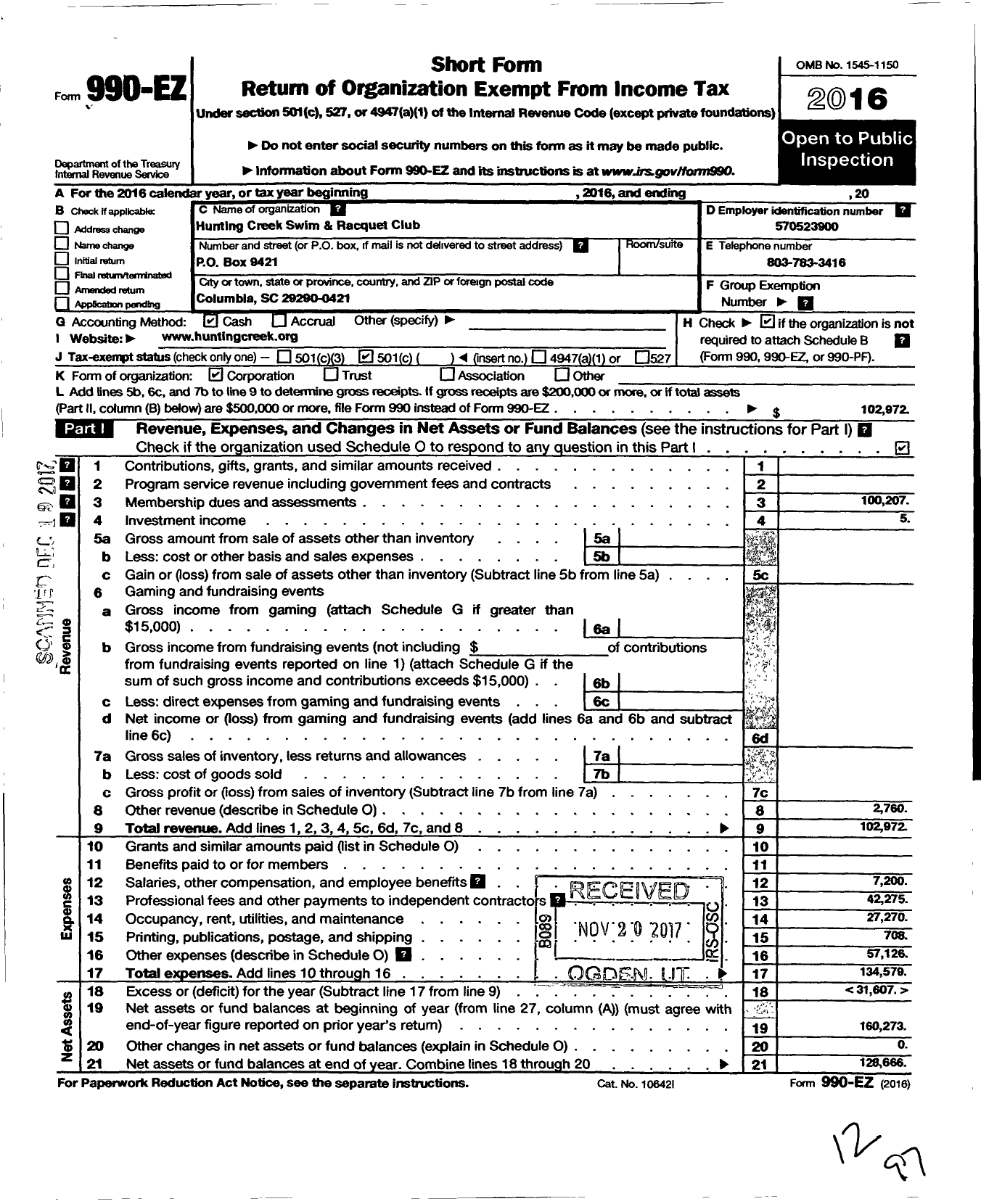 Image of first page of 2016 Form 990EO for Hunting Creek Swim and Racquet Club