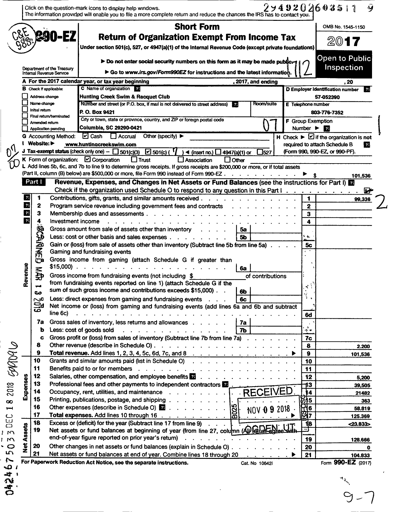 Image of first page of 2017 Form 990EO for Hunting Creek Swim and Racquet Club