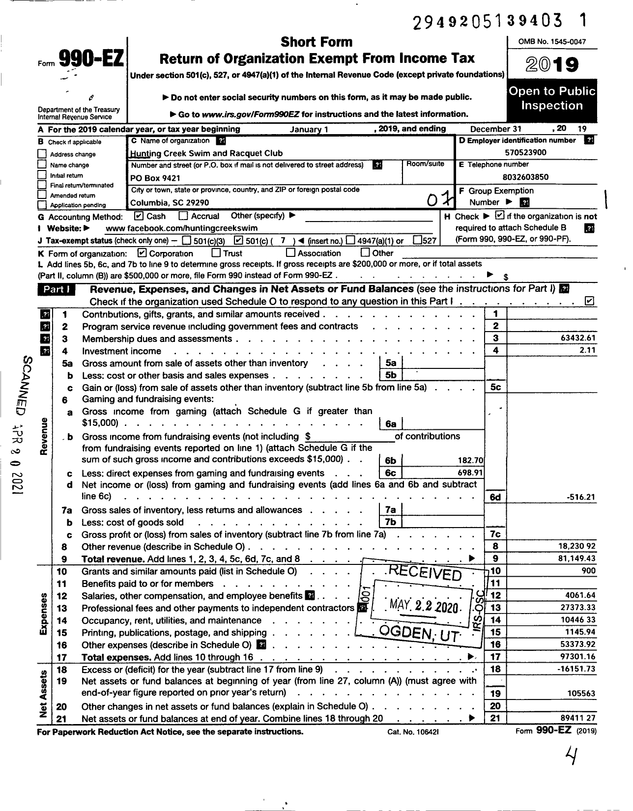 Image of first page of 2019 Form 990EO for Hunting Creek Swim and Racquet Club