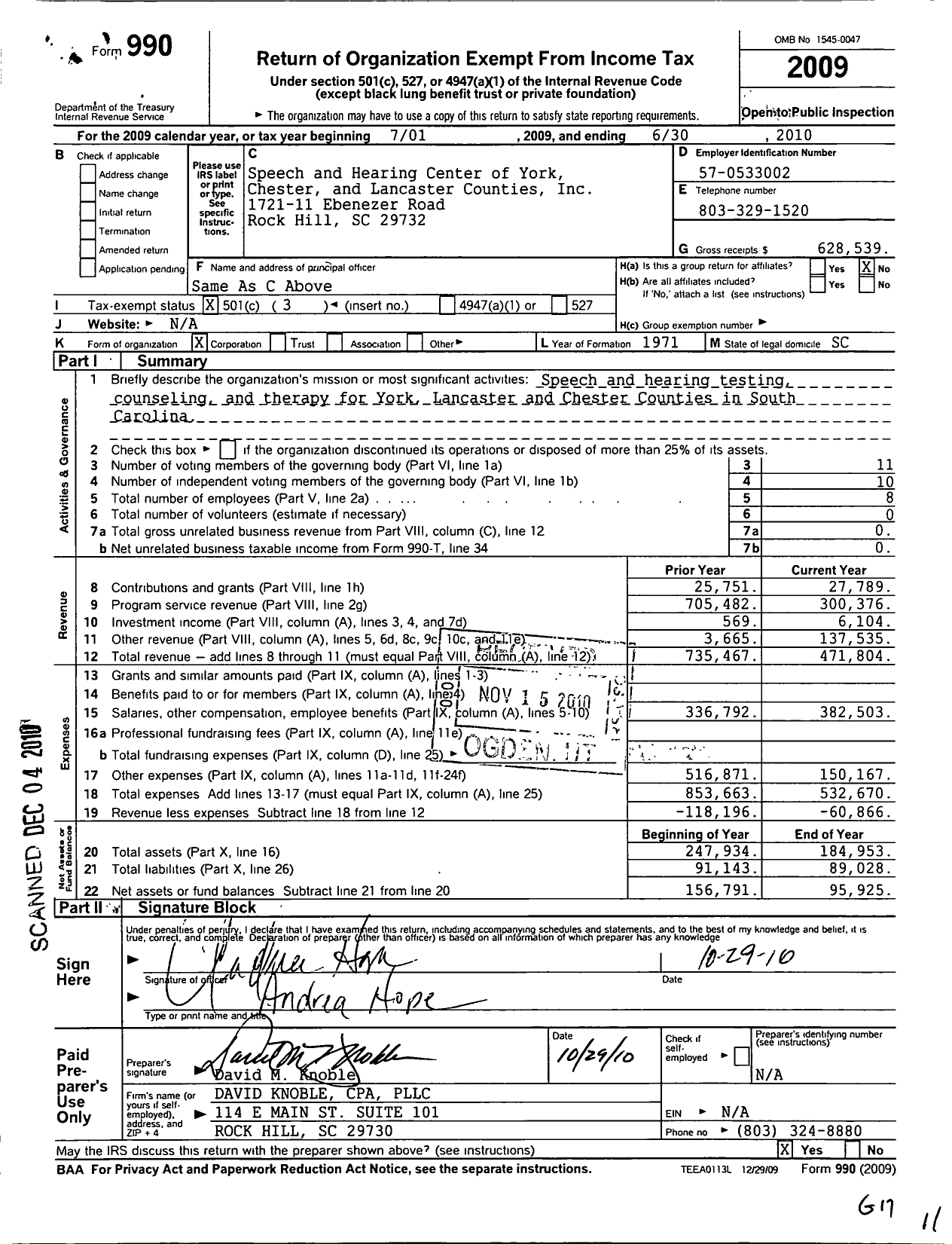 Image of first page of 2009 Form 990 for Speech and Hearing Center of York Chester and Lancaster Counties