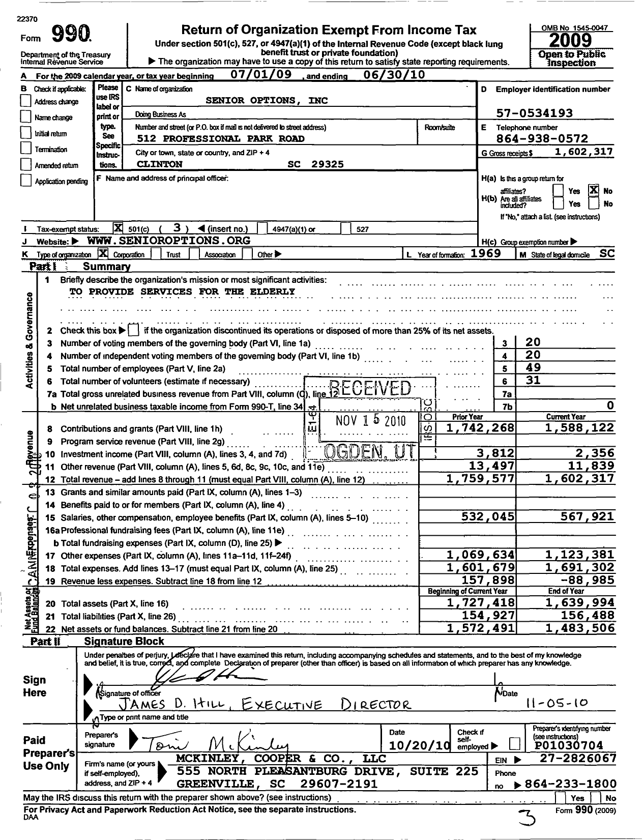 Image of first page of 2009 Form 990 for Senior Options