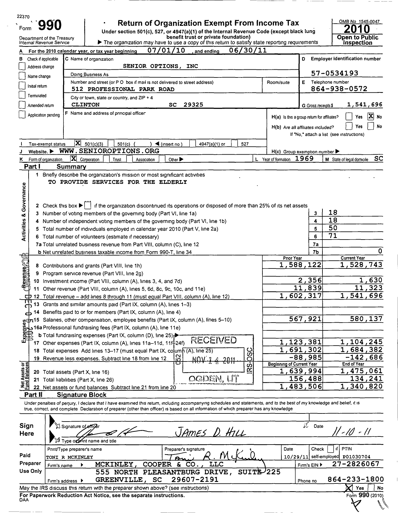 Image of first page of 2010 Form 990 for Senior Options