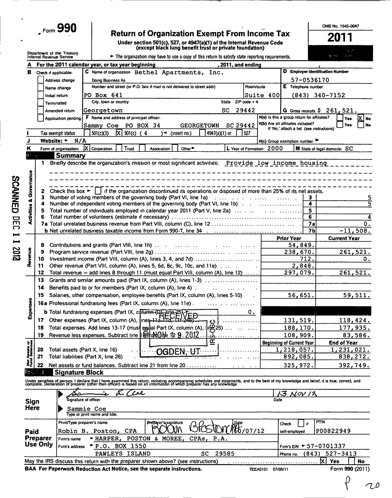 Image of first page of 2011 Form 990O for Bethel Apartments