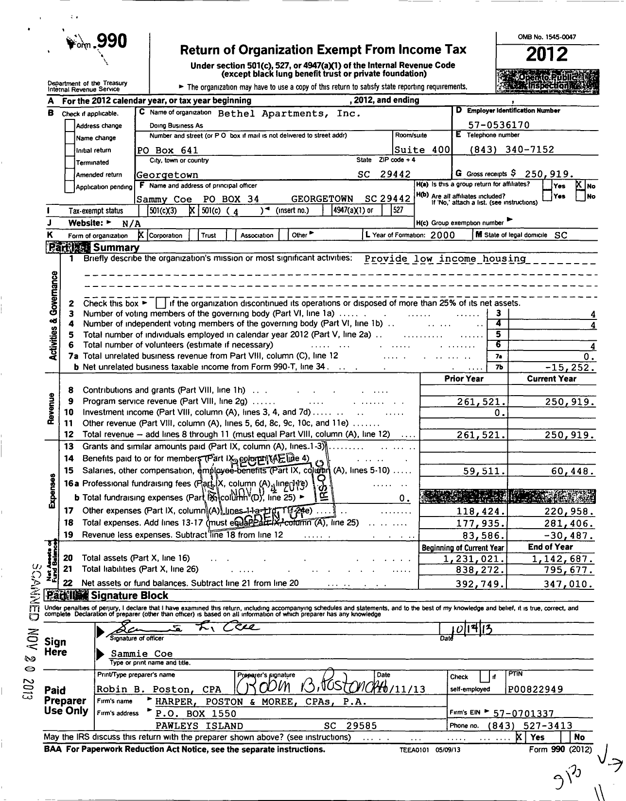 Image of first page of 2012 Form 990O for Bethel Apartments