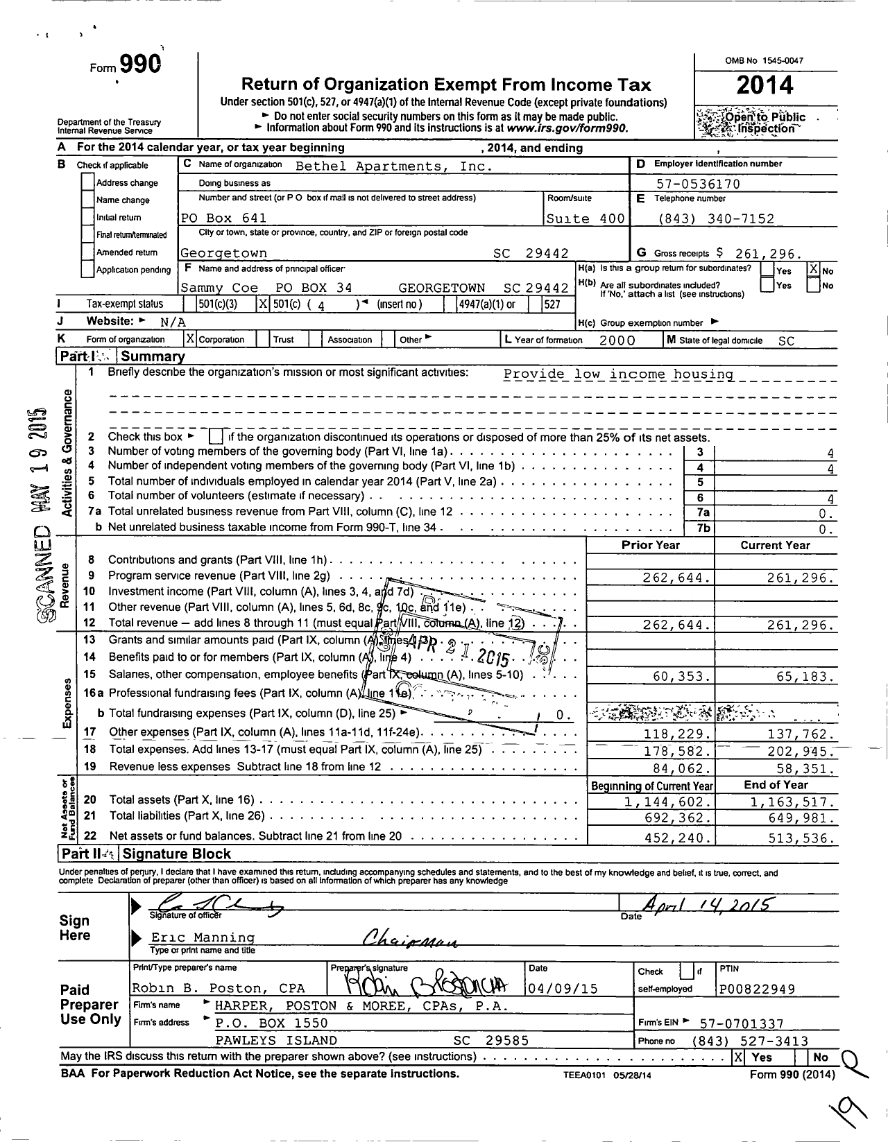 Image of first page of 2014 Form 990O for Bethel Apartments