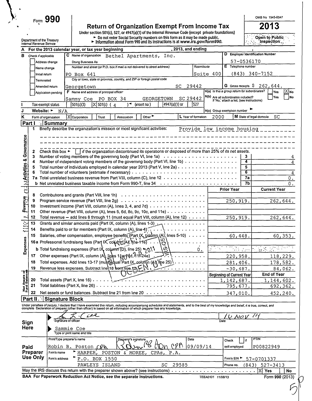 Image of first page of 2013 Form 990O for Bethel Apartments