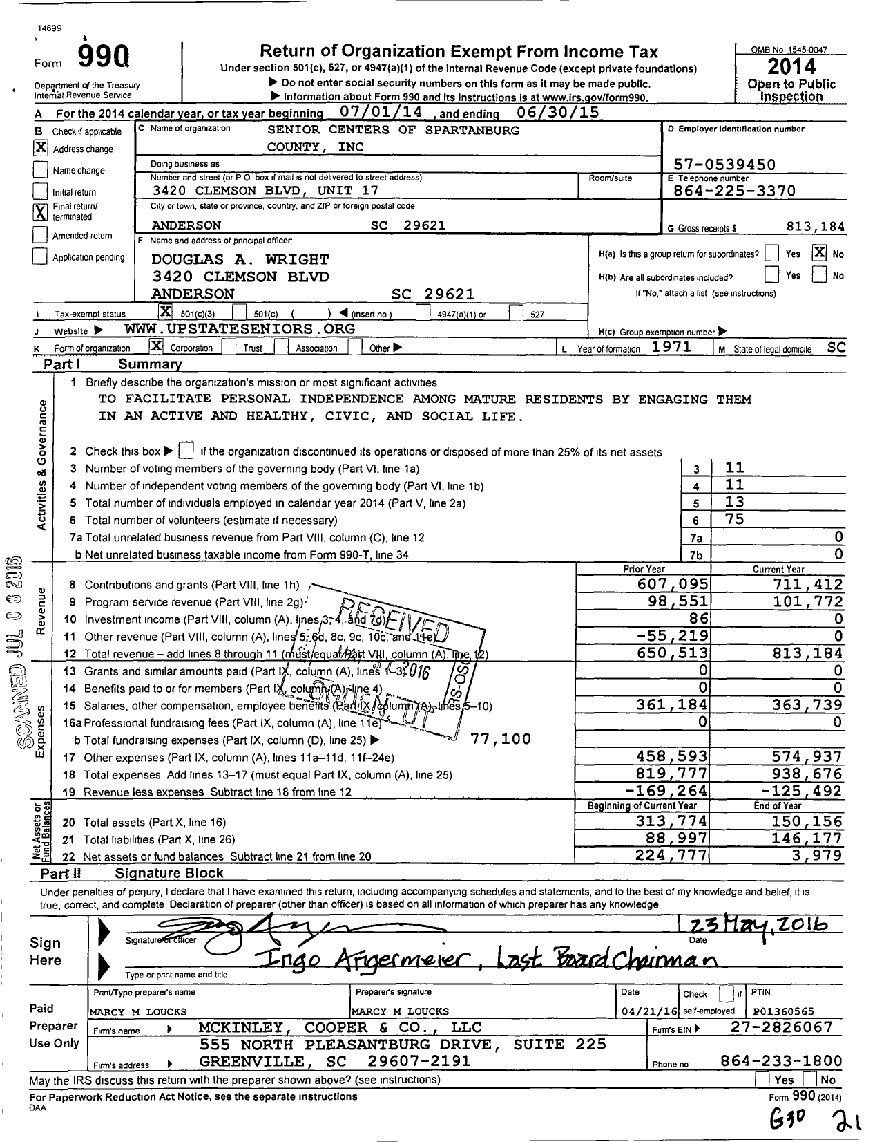 Image of first page of 2014 Form 990 for Senior Centers of Spartanburg County