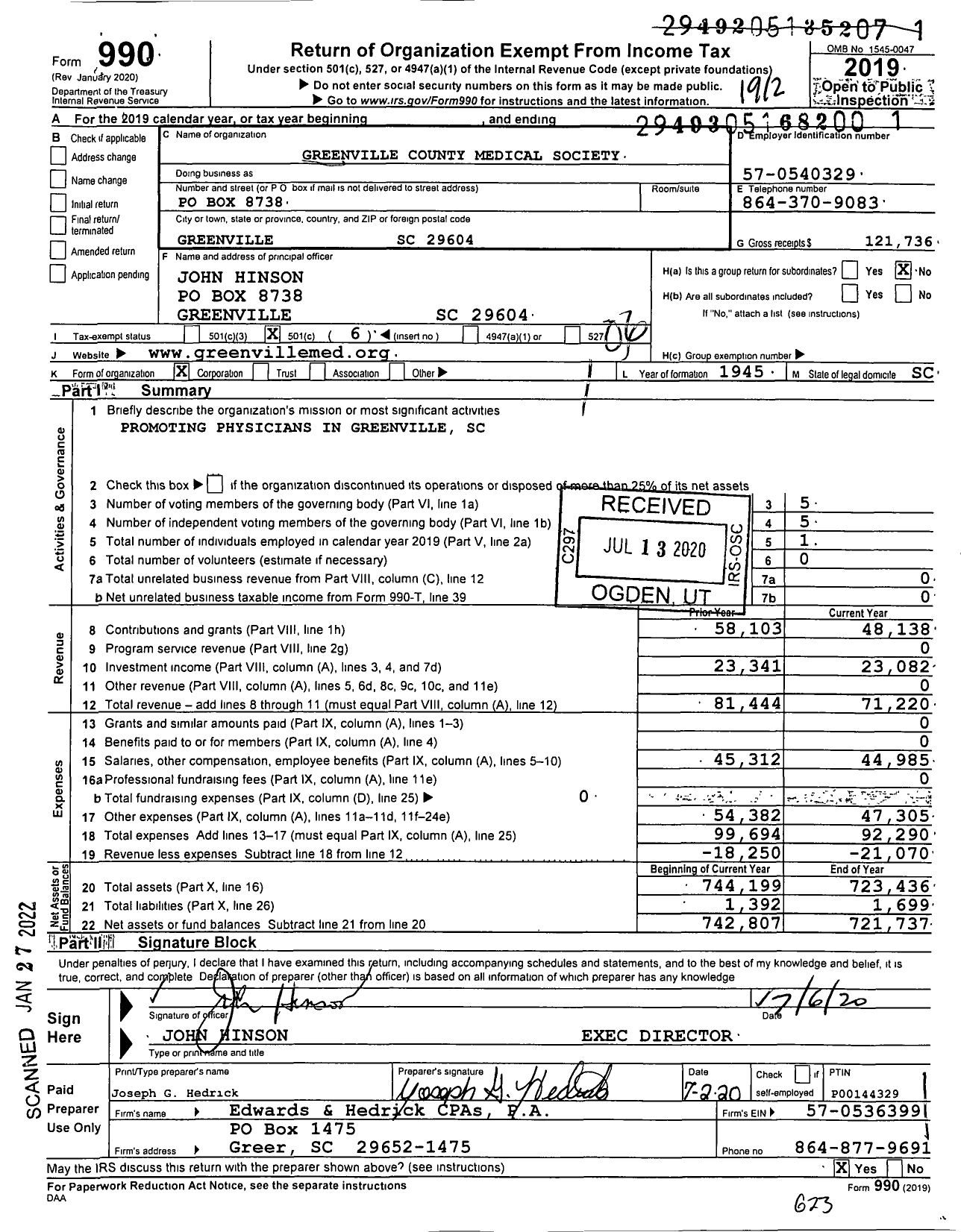 Image of first page of 2019 Form 990O for Greenville County Medical Society