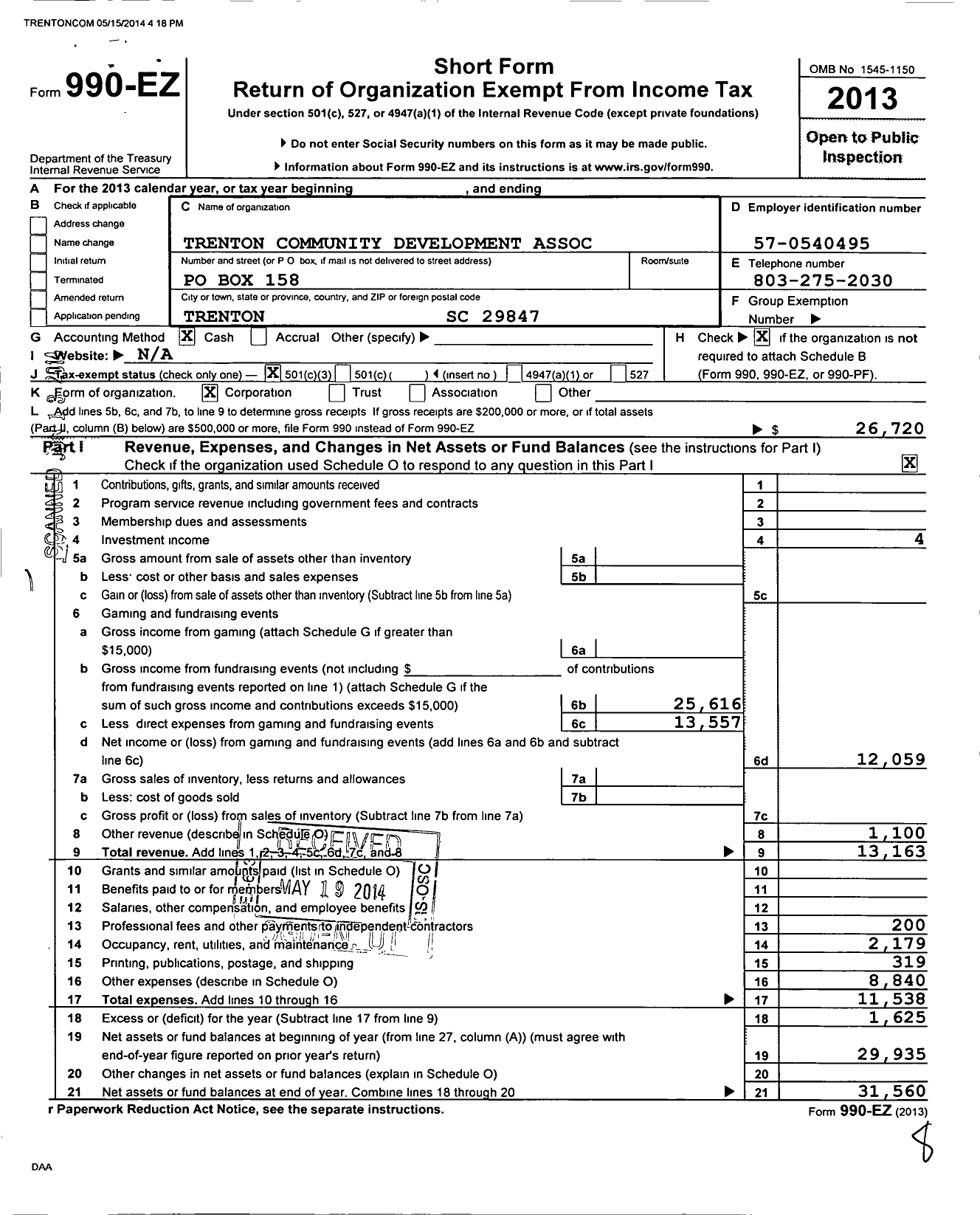 Image of first page of 2013 Form 990EZ for Trenton Community Development Association