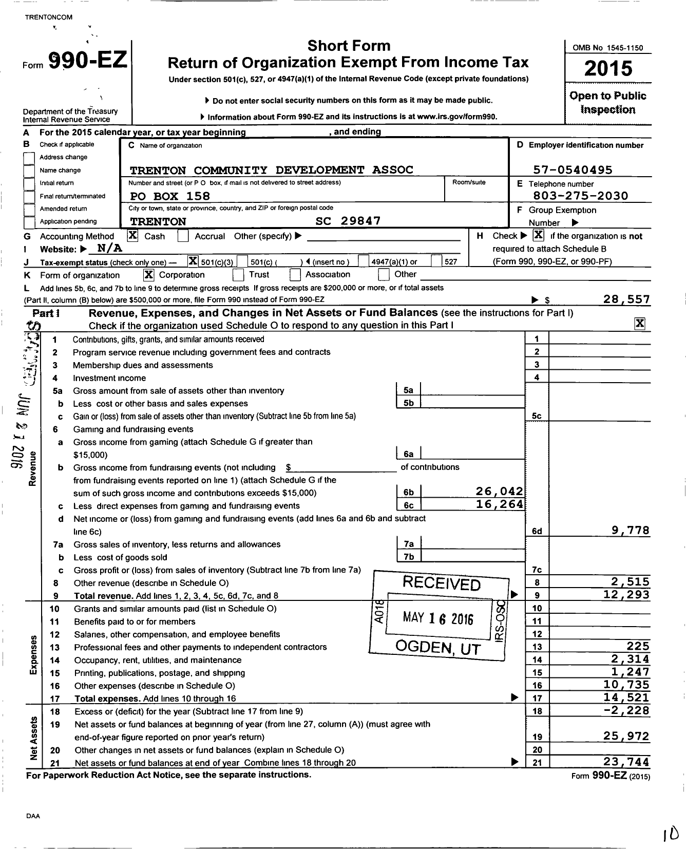 Image of first page of 2015 Form 990EZ for Trenton Community Development Association