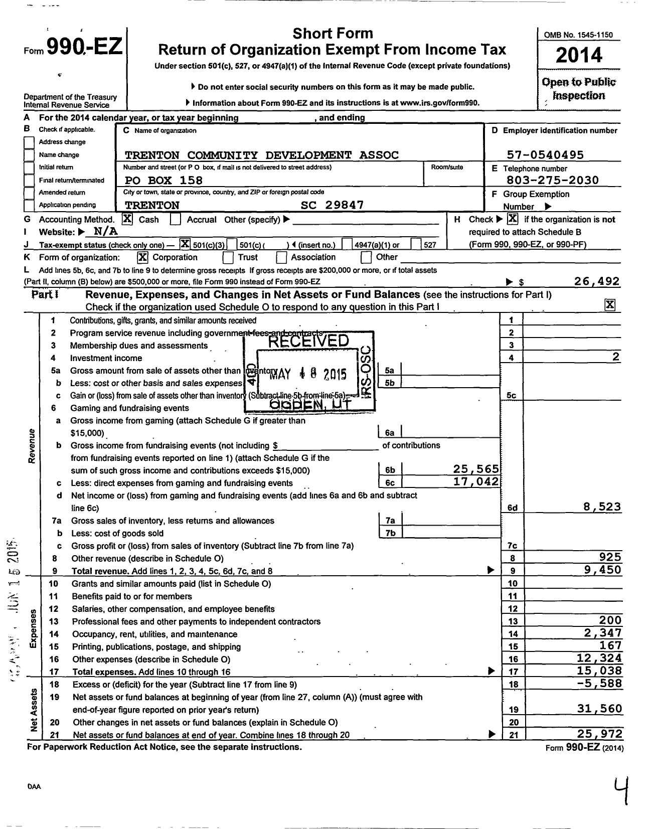 Image of first page of 2014 Form 990EZ for Trenton Community Development Association