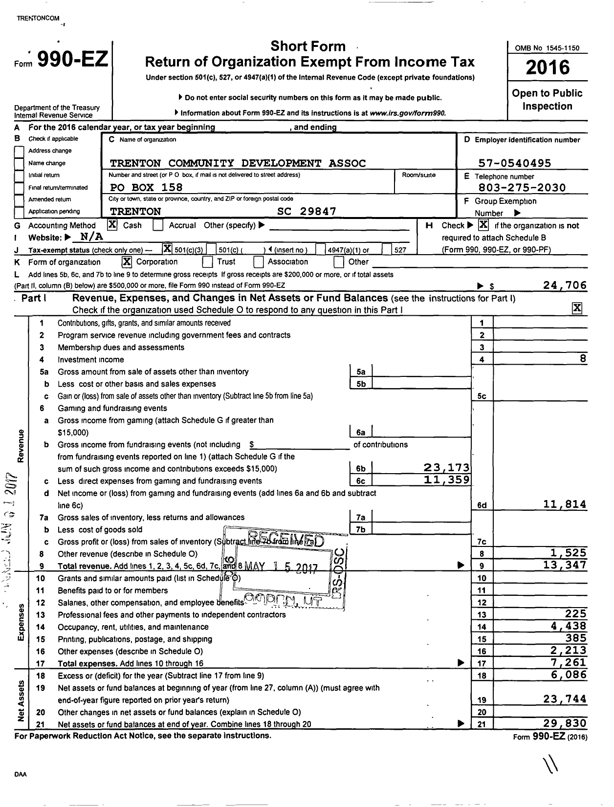 Image of first page of 2016 Form 990EZ for Trenton Community Development Association