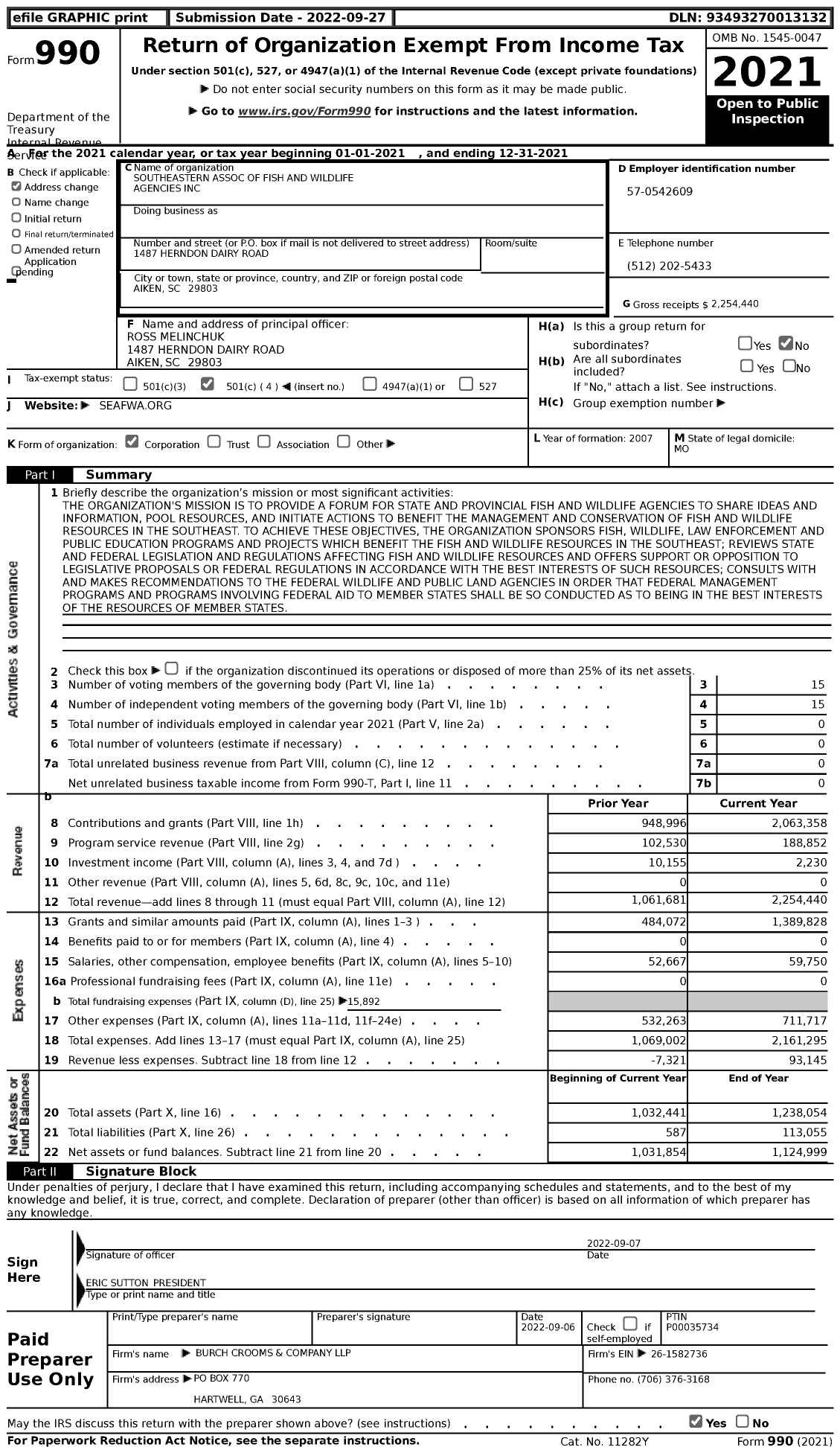 Image of first page of 2021 Form 990 for Southeastern Association of Fish and Wildlife Agencies