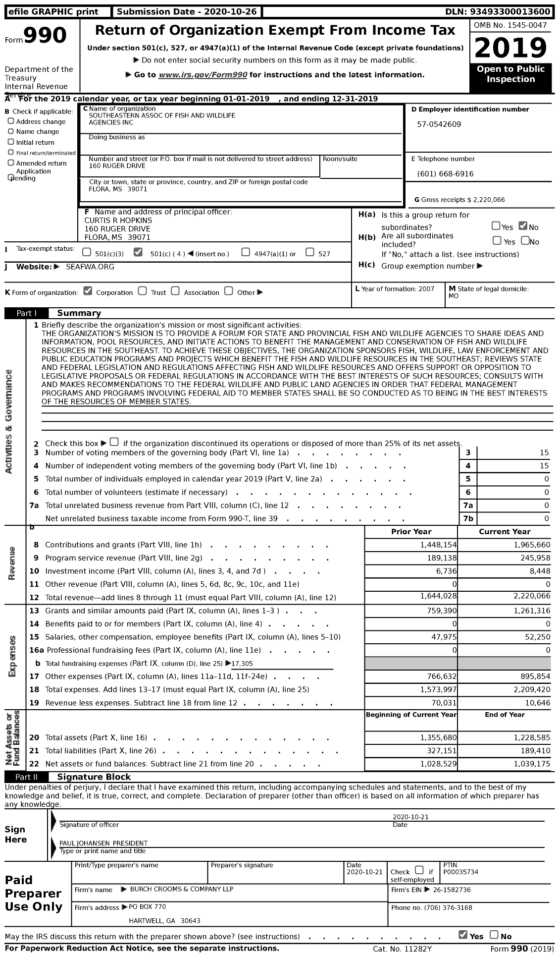 Image of first page of 2019 Form 990 for Southeastern Association of Fish and Wildlife Agencies