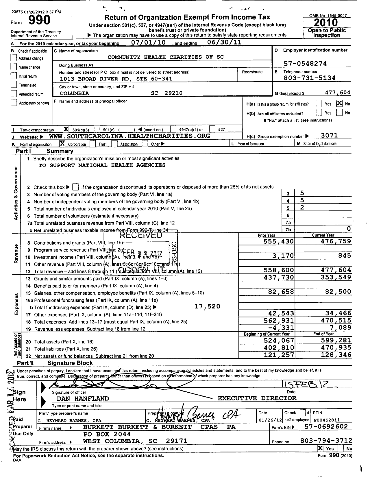 Image of first page of 2010 Form 990 for Community Health Charities / South Carolina