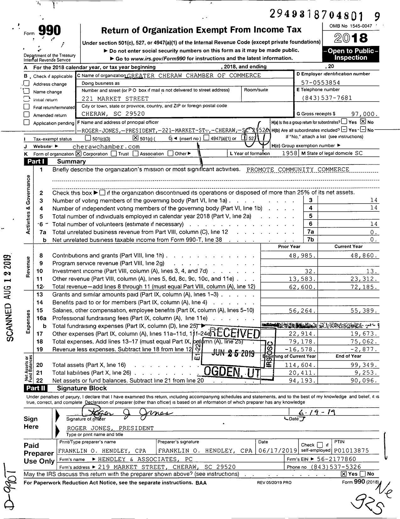 Image of first page of 2018 Form 990O for Greater Cheraw Chamber of Commerce