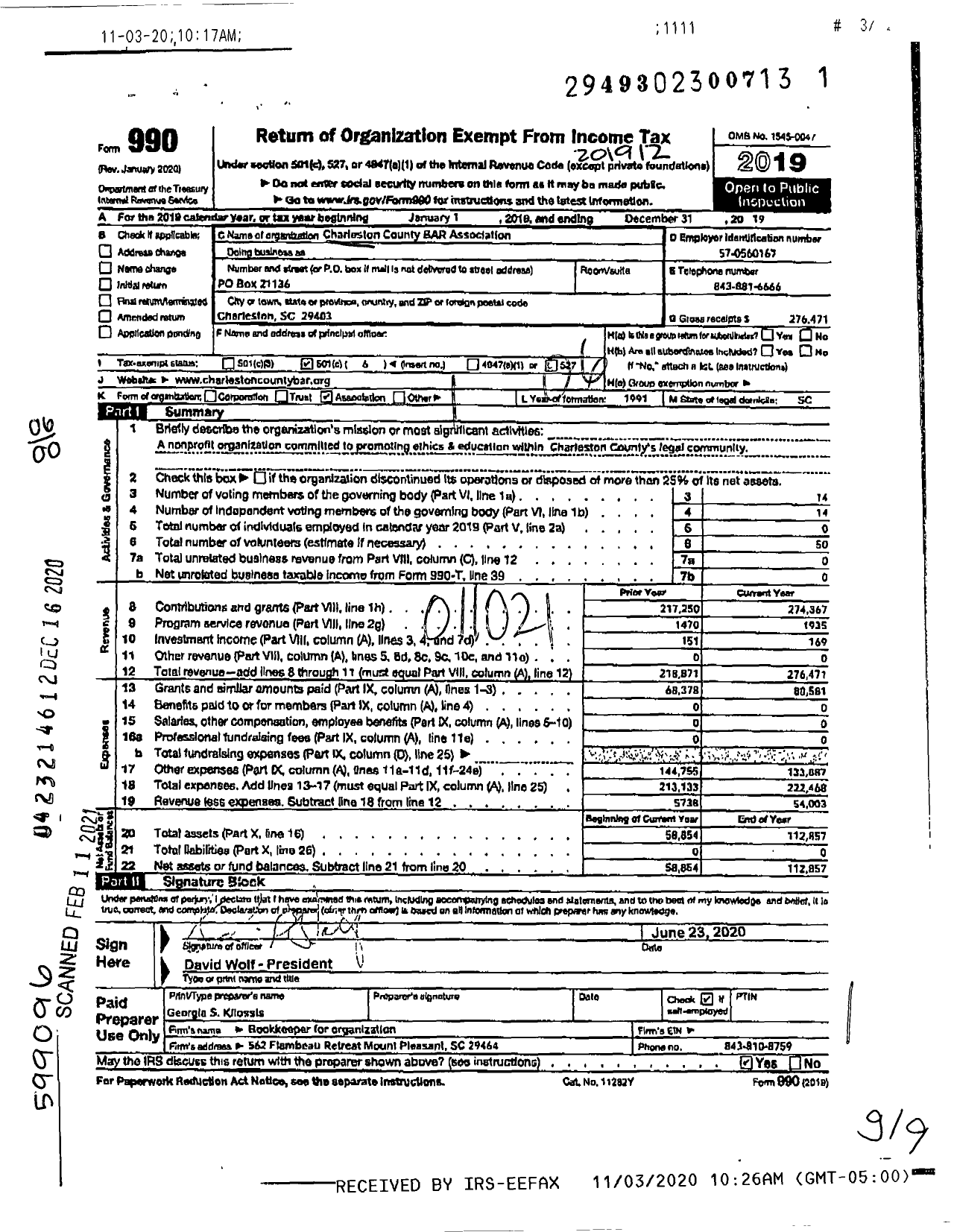 Image of first page of 2019 Form 990O for Charleston County Bar Association