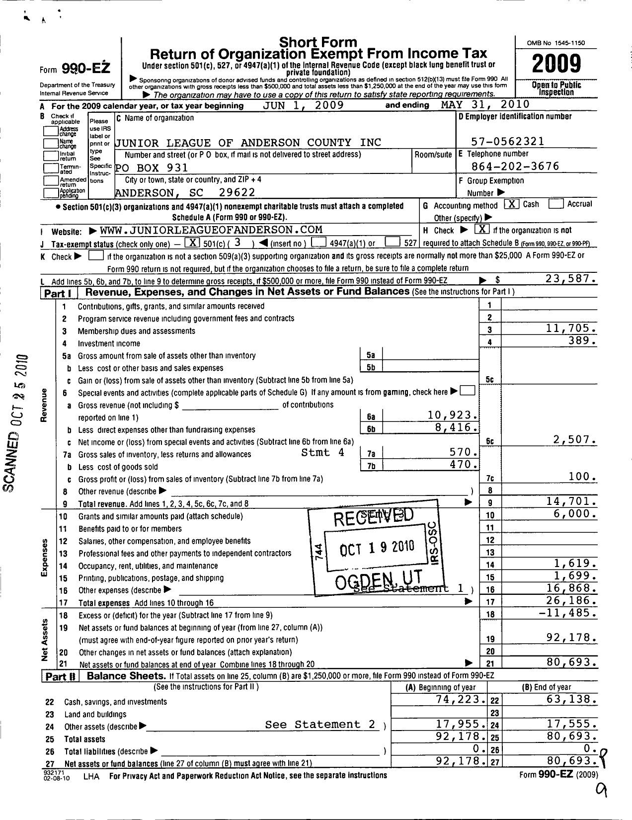 Image of first page of 2009 Form 990EZ for Junior League of Anderson County