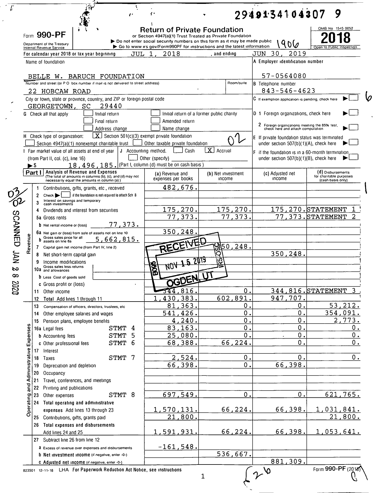 Image of first page of 2018 Form 990PF for Belle W Baruch Foundation