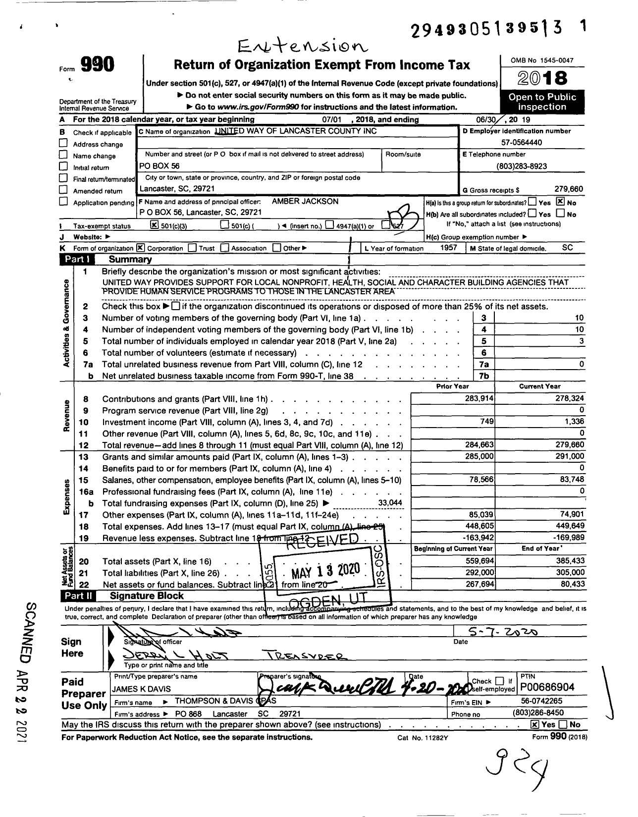 Image of first page of 2018 Form 990 for United Way of Lancaster County