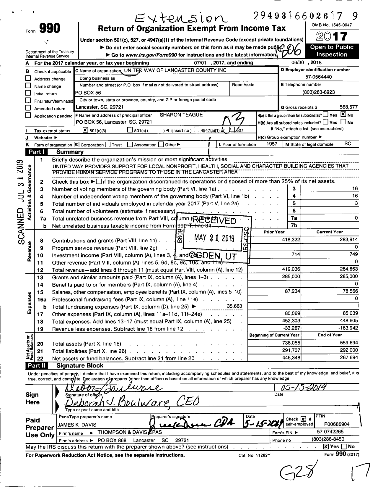 Image of first page of 2017 Form 990 for United Way of Lancaster County