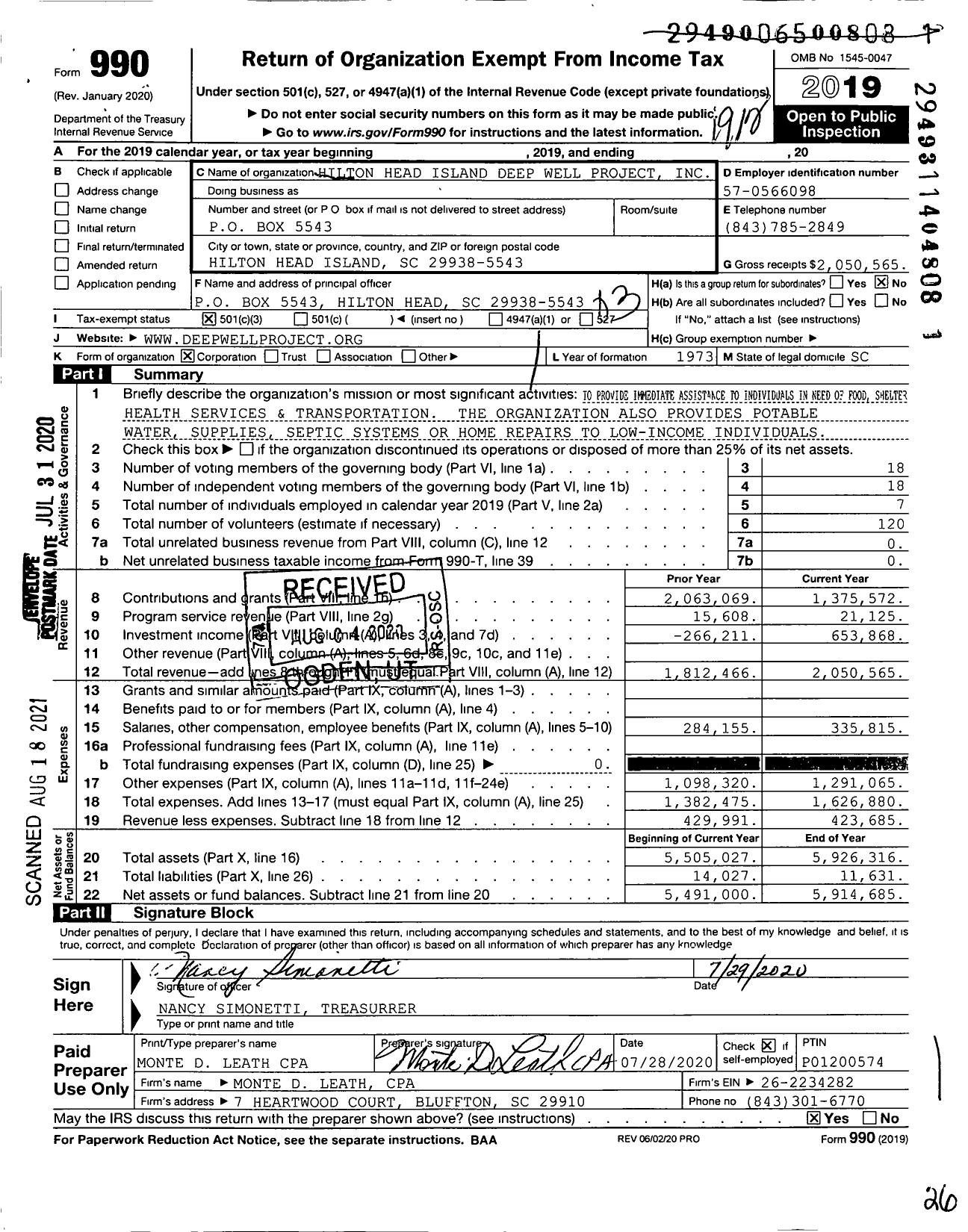 Image of first page of 2019 Form 990 for Hilton Head Island Deep Well Project