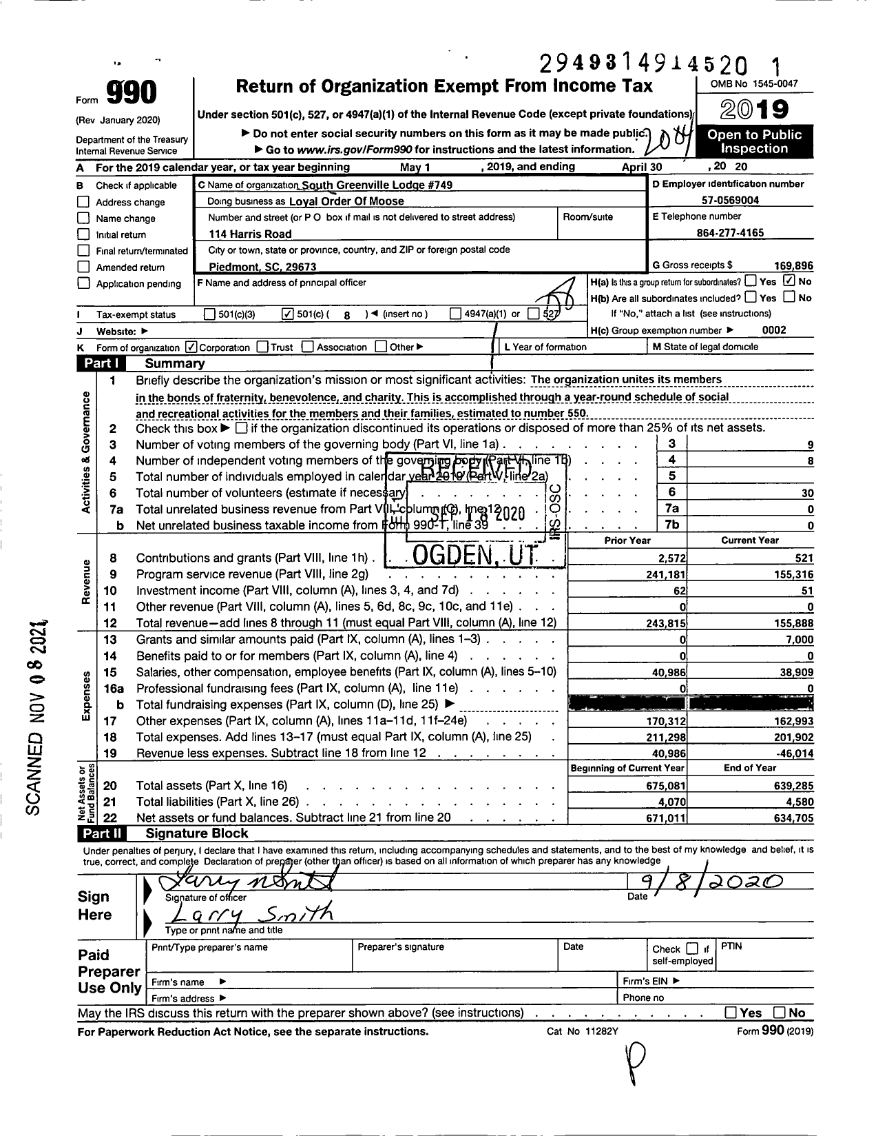 Image of first page of 2019 Form 990O for Loyal Order of Moose - South Greenville Lodge 749