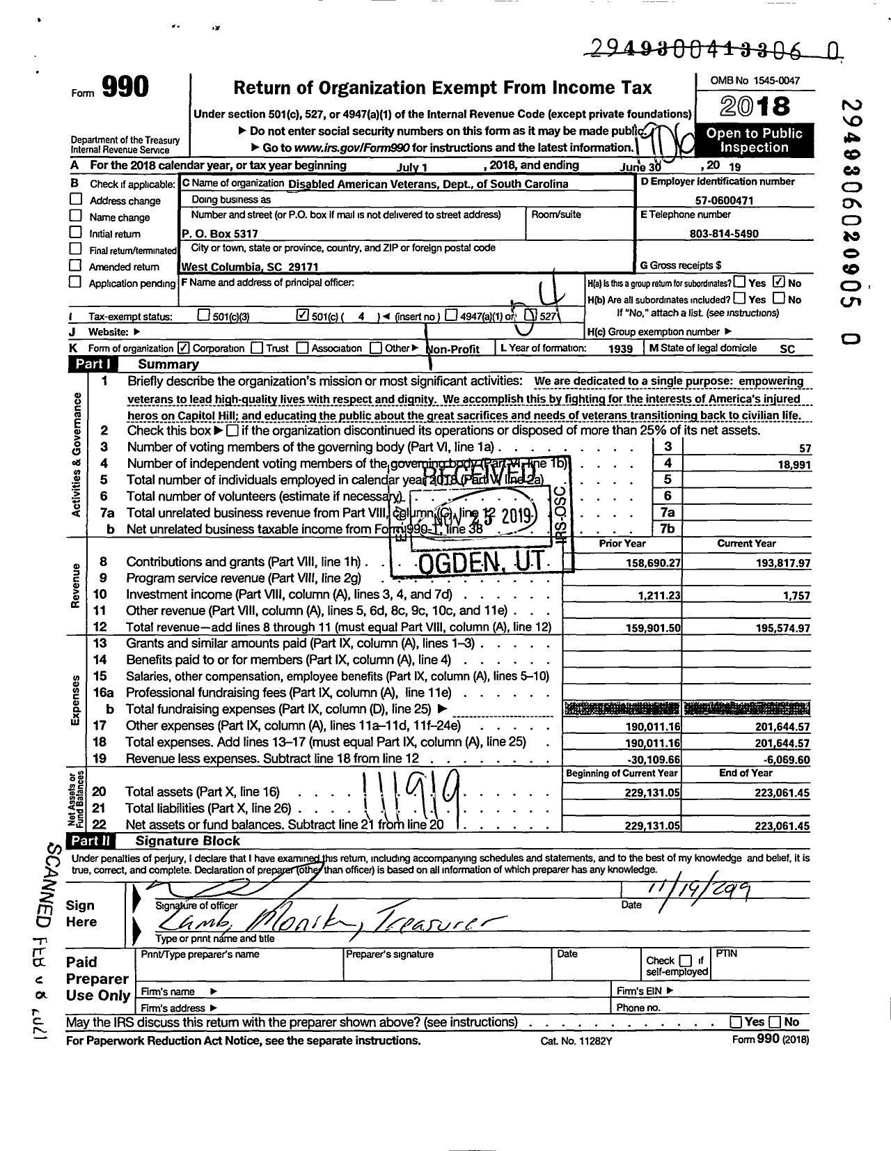 Image of first page of 2018 Form 990O for Disabled American Veterans - Dept of South Carolina