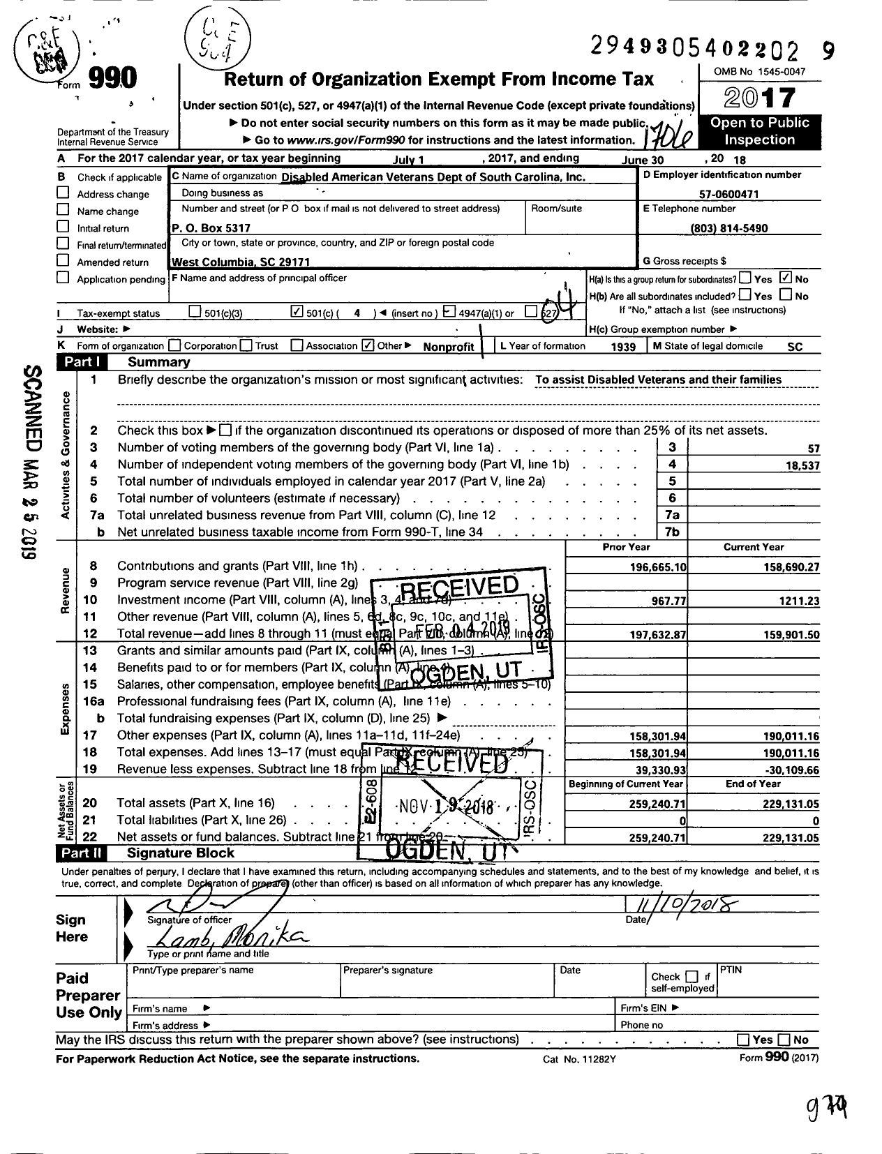Image of first page of 2016 Form 990O for Disabled American Veterans - Dept of South Carolina