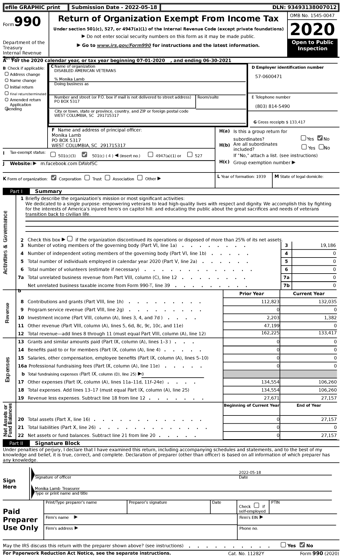 Image of first page of 2020 Form 990 for Disabled American Veterans - Dept of South Carolina