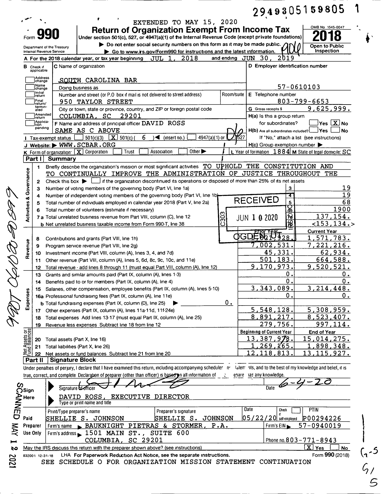 Image of first page of 2018 Form 990O for South Carolina Bar