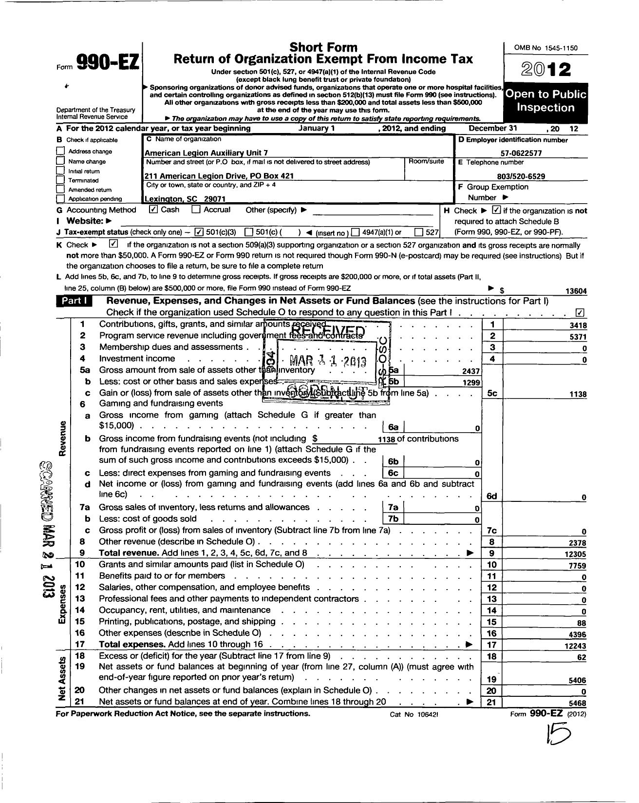 Image of first page of 2012 Form 990EZ for American Legion Auxiliary Lexington Unit 7 Dept of South Carolina