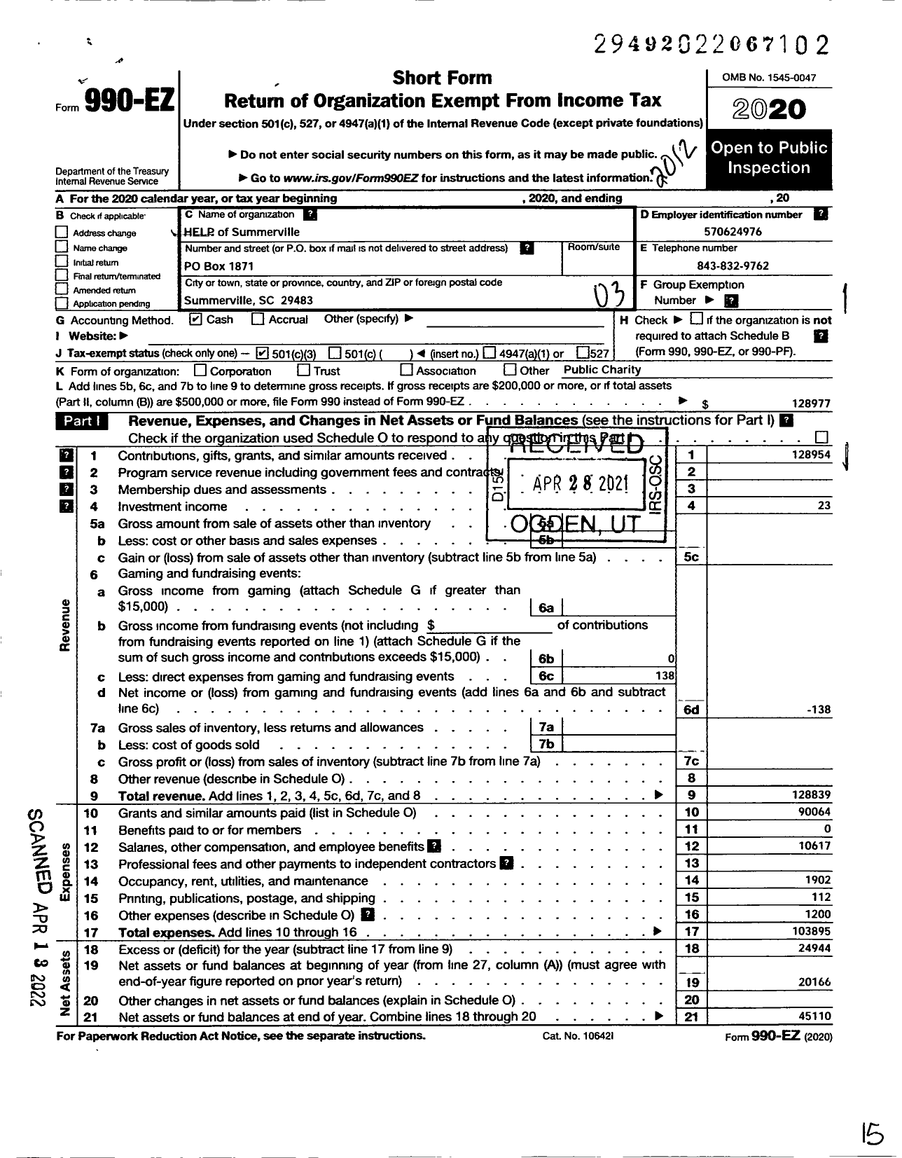 Image of first page of 2020 Form 990EZ for Help of Summerville